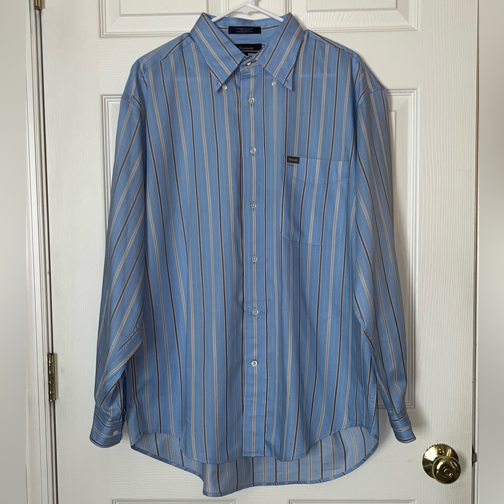 Faconnable Light Blue Tan Cream Striped Long Sleeve Button Up Shirt Large